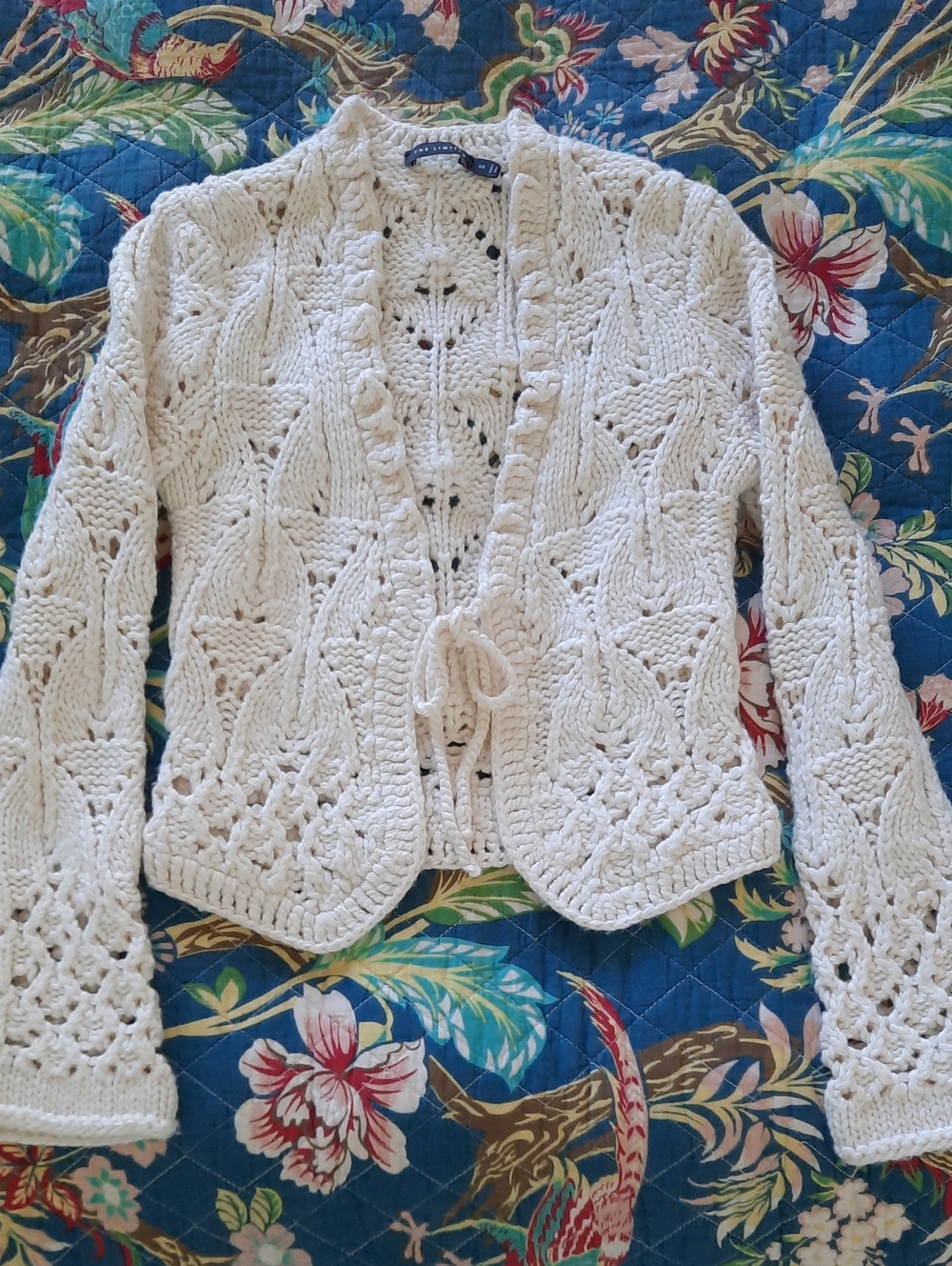The Limited Cream Crochet Open-Front Tie Cardigan